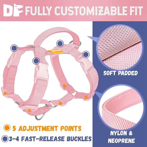 DF Freedom No Pull Martingale Dog Harness, Ease Grip Safety Control Handle, Escape-Proof 5 Point Customizable Fit Harness with Front & Back Clip, Easy Walking & Training, Pink, Chest 28"-33" in Kuwait