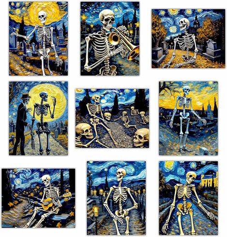 هيكل عظمي ملصق ديكور جدار الفن - خمر ليلة مليئة بالنجوم عيد الهالوين القوطي الجمجمة القوطية لوحات غريبة مضحك الرقص زوجين مخيف مخيف صور الرعب الجمالية - 8x10 صورة غير مؤطرة in Kuwait