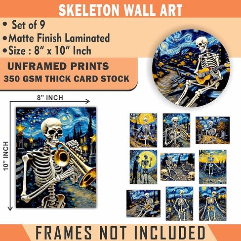 هيكل عظمي ملصق ديكور جدار الفن - خمر ليلة مليئة بالنجوم عيد الهالوين القوطي الجمجمة القوطية لوحات غريبة مضحك الرقص زوجين مخيف مخيف صور الرعب الجمالية - 8x10 صورة غير مؤطرة in Kuwait