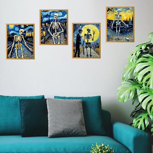 هيكل عظمي ملصق ديكور جدار الفن - خمر ليلة مليئة بالنجوم عيد الهالوين القوطي الجمجمة القوطية لوحات غريبة مضحك الرقص زوجين مخيف مخيف صور الرعب الجمالية - 8x10 صورة غير مؤطرة in Kuwait