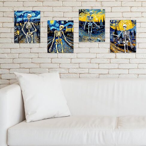 هيكل عظمي ملصق ديكور جدار الفن - خمر ليلة مليئة بالنجوم عيد الهالوين القوطي الجمجمة القوطية لوحات غريبة مضحك الرقص زوجين مخيف مخيف صور الرعب الجمالية - 8x10 صورة غير مؤطرة in Kuwait
