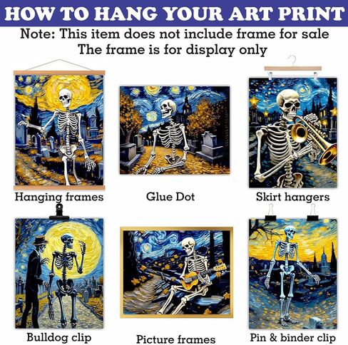 هيكل عظمي ملصق ديكور جدار الفن - خمر ليلة مليئة بالنجوم عيد الهالوين القوطي الجمجمة القوطية لوحات غريبة مضحك الرقص زوجين مخيف مخيف صور الرعب الجمالية - 8x10 صورة غير مؤطرة in Kuwait