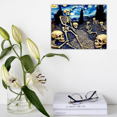 هيكل عظمي ملصق ديكور جدار الفن - خمر ليلة مليئة بالنجوم عيد الهالوين القوطي الجمجمة القوطية لوحات غريبة مضحك الرقص زوجين مخيف مخيف صور الرعب الجمالية - 8x10 صورة غير مؤطرة in Kuwait