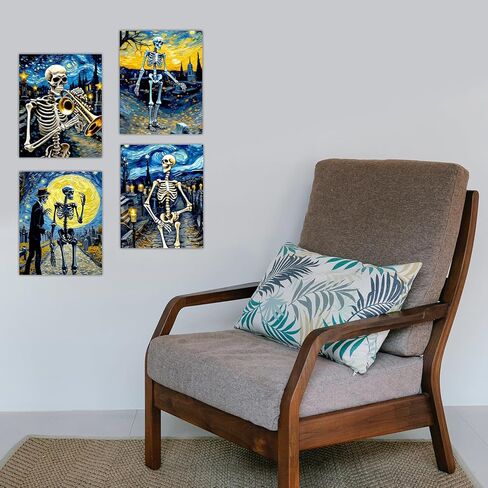 هيكل عظمي ملصق ديكور جدار الفن - خمر ليلة مليئة بالنجوم عيد الهالوين القوطي الجمجمة القوطية لوحات غريبة مضحك الرقص زوجين مخيف مخيف صور الرعب الجمالية - 8x10 صورة غير مؤطرة in Kuwait