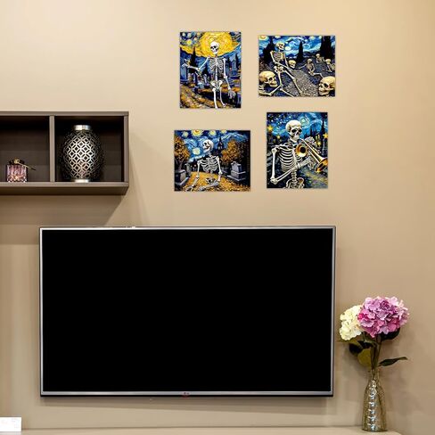 هيكل عظمي ملصق ديكور جدار الفن - خمر ليلة مليئة بالنجوم عيد الهالوين القوطي الجمجمة القوطية لوحات غريبة مضحك الرقص زوجين مخيف مخيف صور الرعب الجمالية - 8x10 صورة غير مؤطرة in Kuwait
