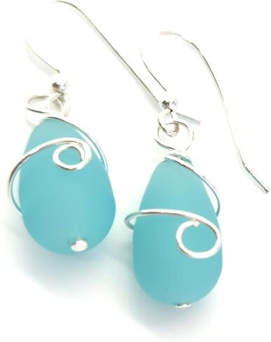 Gorgeous Sea Foam BLUE Recycled Sea Glass Earrings with Beautiful Wire Swirl Wrap, handmade by Aimee Tresor Jewelry in Saudi Arabia