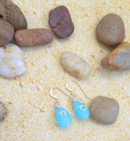 Gorgeous Sea Foam BLUE Recycled Sea Glass Earrings with Beautiful Wire Swirl Wrap, handmade by Aimee Tresor Jewelry in Saudi Arabia