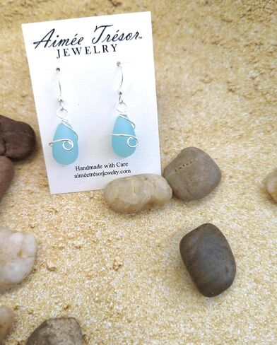 Gorgeous Sea Foam BLUE Recycled Sea Glass Earrings with Beautiful Wire Swirl Wrap, handmade by Aimee Tresor Jewelry in Saudi Arabia