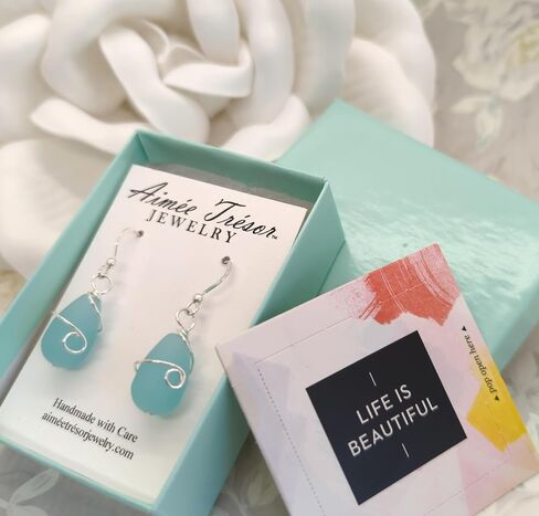 Gorgeous Sea Foam BLUE Recycled Sea Glass Earrings with Beautiful Wire Swirl Wrap, handmade by Aimee Tresor Jewelry in Saudi Arabia