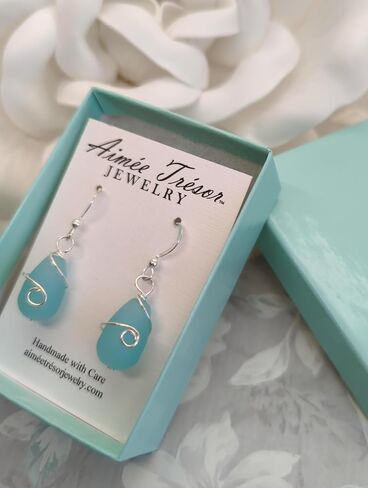 Gorgeous Sea Foam BLUE Recycled Sea Glass Earrings with Beautiful Wire Swirl Wrap, handmade by Aimee Tresor Jewelry in Saudi Arabia