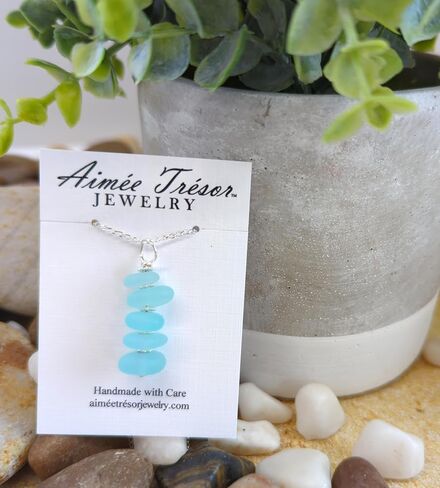Gorgeous Sea Foam BLUE Recycled Sea Glass Earrings with Beautiful Wire Swirl Wrap, handmade by Aimee Tresor Jewelry in Saudi Arabia