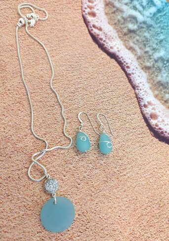Gorgeous Sea Foam BLUE Recycled Sea Glass Earrings with Beautiful Wire Swirl Wrap, handmade by Aimee Tresor Jewelry in Saudi Arabia
