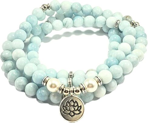 108 Mala Beads Mint Aquamarine & Lotus Charm POWERFUL EMOTIONAL HEALER Real Natural Stones Stretchy Yoga Bracelet Meditation Chakra Necklace US HANDMADE in Saudi Arabia