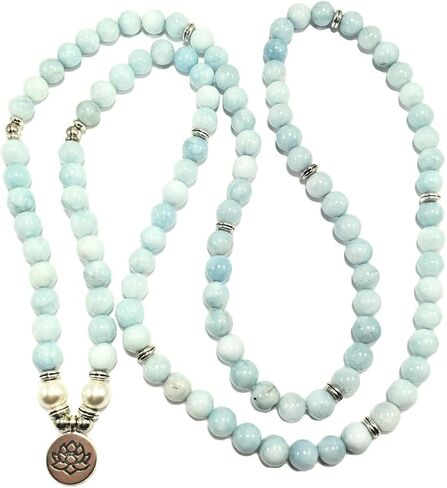 108 Mala Beads Mint Aquamarine & Lotus Charm POWERFUL EMOTIONAL HEALER Real Natural Stones Stretchy Yoga Bracelet Meditation Chakra Necklace US HANDMADE in Saudi Arabia