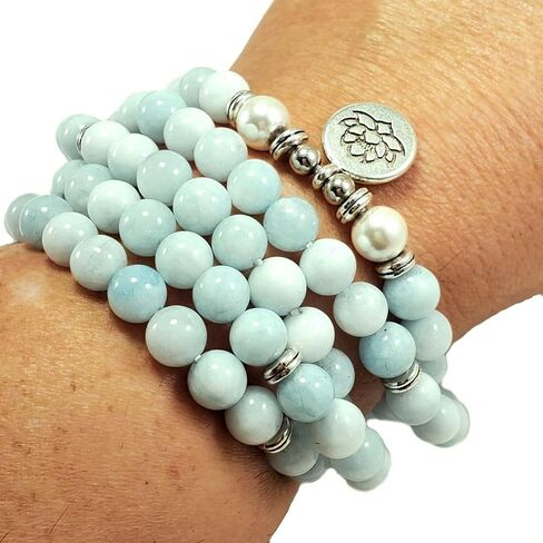 108 Mala Beads Mint Aquamarine & Lotus Charm POWERFUL EMOTIONAL HEALER Real Natural Stones Stretchy Yoga Bracelet Meditation Chakra Necklace US HANDMADE in Saudi Arabia