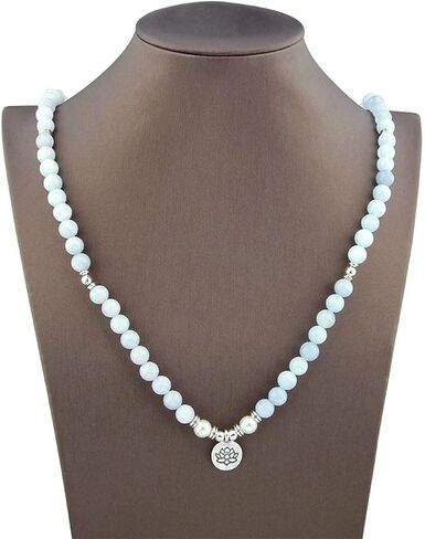 108 Mala Beads Mint Aquamarine & Lotus Charm POWERFUL EMOTIONAL HEALER Real Natural Stones Stretchy Yoga Bracelet Meditation Chakra Necklace US HANDMADE in Saudi Arabia