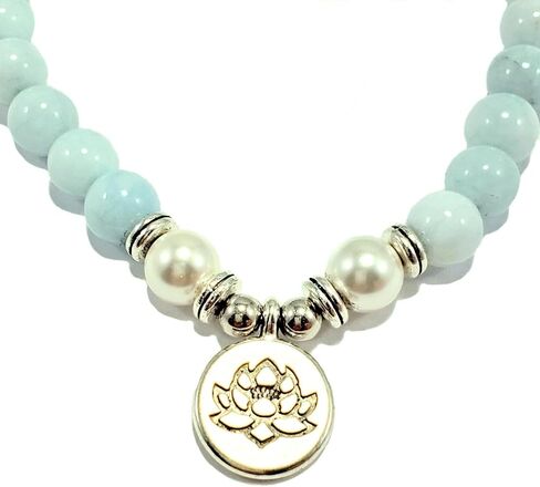 108 Mala Beads Mint Aquamarine & Lotus Charm POWERFUL EMOTIONAL HEALER Real Natural Stones Stretchy Yoga Bracelet Meditation Chakra Necklace US HANDMADE in Saudi Arabia