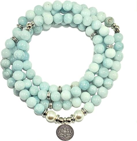 108 Mala Beads Mint Aquamarine & Lotus Charm POWERFUL EMOTIONAL HEALER Real Natural Stones Stretchy Yoga Bracelet Meditation Chakra Necklace US HANDMADE in Saudi Arabia
