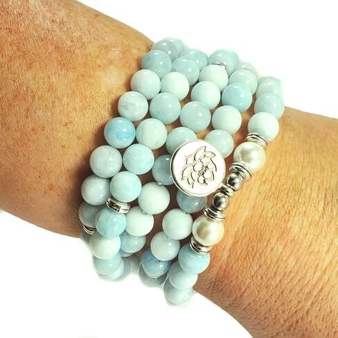 108 Mala Beads Mint Aquamarine & Lotus Charm POWERFUL EMOTIONAL HEALER Real Natural Stones Stretchy Yoga Bracelet Meditation Chakra Necklace US HANDMADE in Saudi Arabia