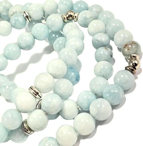 108 Mala Beads Mint Aquamarine & Lotus Charm POWERFUL EMOTIONAL HEALER Real Natural Stones Stretchy Yoga Bracelet Meditation Chakra Necklace US HANDMADE in Saudi Arabia