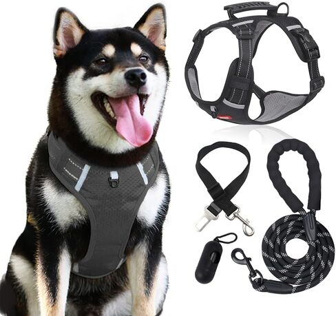 مجموعة مقود لتسخير الكلاب بدون سحب للكلاب الكبيرة والمتوسطة والصغيرة الحجم - حزام صدرية للكلاب عاكس أكسفورد قابل للتعديل، مقود للكلاب بمقبض عاكس 5 أقدام ناعم، موزع أكياس البراز، 15 كيس نفايات، حزام مقعد الكلب in Kuwait