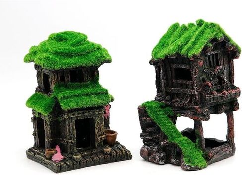 بيت السمك لديكورات حوض السمك، مخبأ الأسماك، منزل خزان الأسماك مع طحالب نابضة بالحياة، يأتي مع قطعتين من نباتات حوض السمك الاصطناعية مقاس 4 بوصات (المنزل 2) in Kuwait