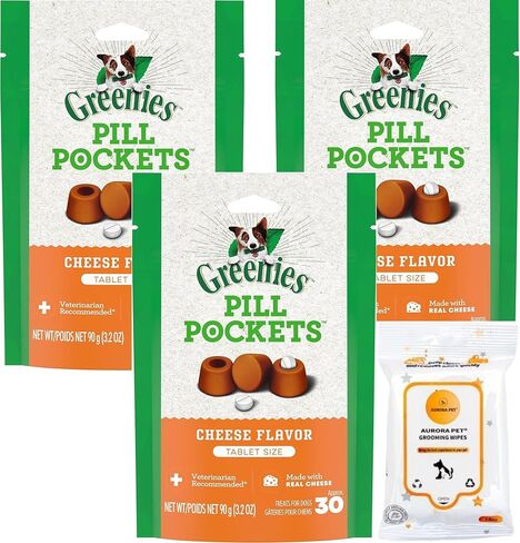 حزمة حزمة (3) 3.2 أونصة من حبوب Greenies بجيوب حبوب منع الحمل بنكهة الجبن بحجم قرص يعامل الكلاب مع مناديل AuroraPet in Kuwait