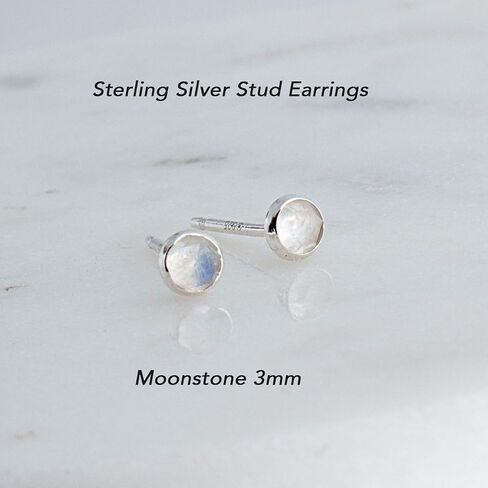 Sterling Silver Tiny Post Stud Piercing Earrings for Cartilage Tragus Helix Multiple Piercing Hypoallergenic Birthstone Jewelry for Women Bezel Set (Moonstone 3mm | Faceted) in Saudi Arabia