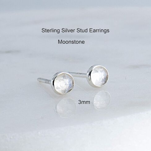 Sterling Silver Tiny Post Stud Piercing Earrings for Cartilage Tragus Helix Multiple Piercing Hypoallergenic Birthstone Jewelry for Women Bezel Set (Moonstone 3mm | Faceted) in Saudi Arabia