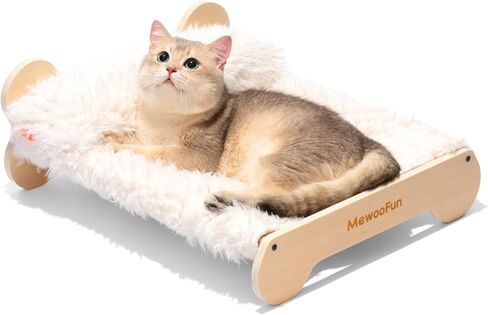 MEWOOFUN Cute Cat Beds for Indoor Cats, 20 X 17.7 in Elevated Cat Bed & Furniture, Wooden Cat Hammock Bed with Pillow, Fluffy Small Cat Bed Washable for Kitty, Plush White in Saudi Arabia