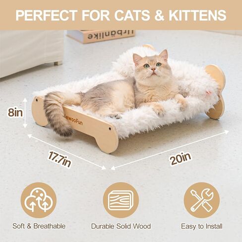 MEWOOFUN Cute Cat Beds for Indoor Cats, 20 X 17.7 in Elevated Cat Bed & Furniture, Wooden Cat Hammock Bed with Pillow, Fluffy Small Cat Bed Washable for Kitty, Plush White in Saudi Arabia