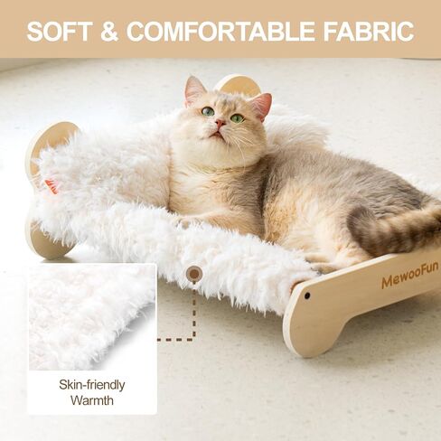 MEWOOFUN Cute Cat Beds for Indoor Cats, 20 X 17.7 in Elevated Cat Bed & Furniture, Wooden Cat Hammock Bed with Pillow, Fluffy Small Cat Bed Washable for Kitty, Plush White in Saudi Arabia