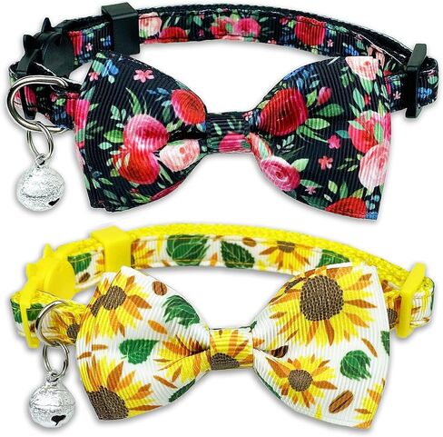 Pohshido 2 Pack Floral Cat Collar with Bow Tie and Bell, Summer Rose and Sunflower Collar for Kitty Kitten Boys and Girls Cats (Black Rose/Sunflower) in Saudi Arabia