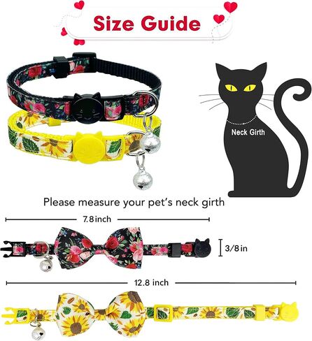 Pohshido 2 Pack Floral Cat Collar with Bow Tie and Bell, Summer Rose and Sunflower Collar for Kitty Kitten Boys and Girls Cats (Black Rose/Sunflower) in Saudi Arabia