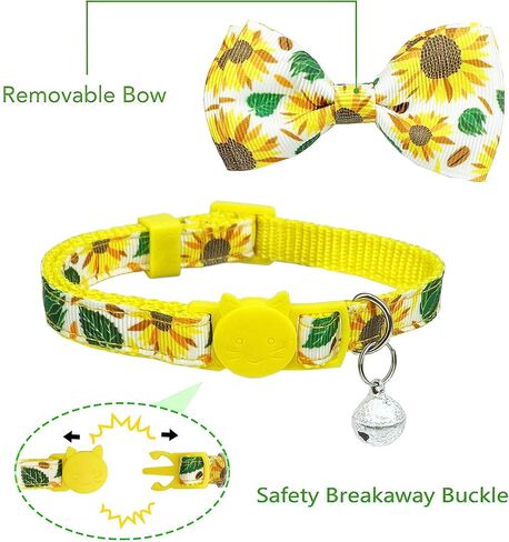 Pohshido 2 Pack Floral Cat Collar with Bow Tie and Bell, Summer Rose and Sunflower Collar for Kitty Kitten Boys and Girls Cats (Black Rose/Sunflower) in Saudi Arabia