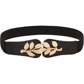 Gold Leaf Belt - Women's Skinny Elastic Waistband with Double Knot Buckle - Stretch Belt for Jeans