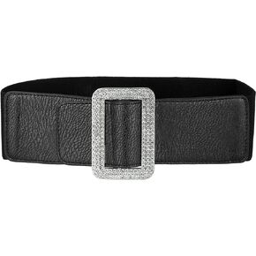 Elerevyo Women Stretchy Waist Belt, Faux Leather Rhinestone Buckle Wide Elastic Belts Waistband