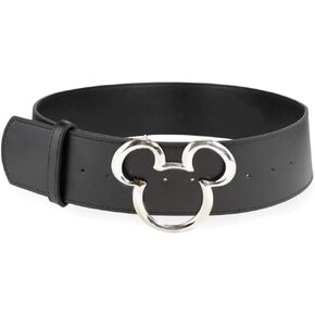 Buckle-Down Women's Disney, Mickey Ears Silver Cast, Black Vegan Leather Belt