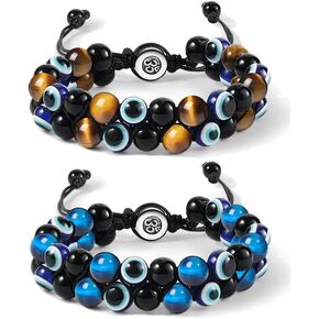 2pcs Triple Protection Bracelet - 8mm Tiger Eye Obsidian Evil Eye Bracelet Set Handmade Braided Amulet Bracelet for Men Women