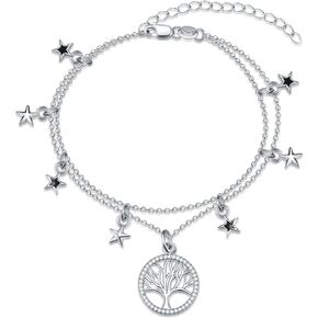 Women Tree of Life Bracelet S925 Sterling Silver Dainty Star Layered Bracelet Adjustable Multilayer Autumn 7-9 Inches Birthday Anniversary Chain Gifts for Mom Wife Girlfriend