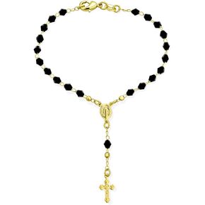 Christian Religious Black Beads Holy Mother Virgin Mary Crucifix Rosary Bead Pray Bracelet For Women Teens 18K Gold Plated 7-7.5 Inch