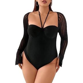 WDIRARA Women's Glitter Mesh Halter Tie Back Long Sleeve Bustier Top Backless Bodysuits