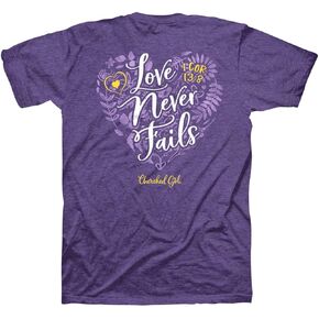 Cherished Girl Love Never Fails Floral Heart Retro Heather Purple Cotton Crew Neck T-Shirt