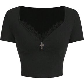 SOLY HUX Women's Contrast Lace Tee Crop Tops Short Sleeve Sweetheart Neck Y2k Goth T Shirt