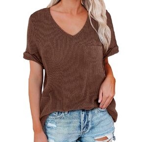 قمصان LOLONG نسائية قصيرة الأكمام ورقبة على شكل حرف V كاجوال مضلعة فضفاضة أساسية in Kuwait