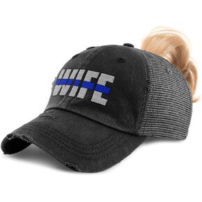 Custom Womens Ponytail Cap Wife Thin Blue Line Flag Embroidery Cotton