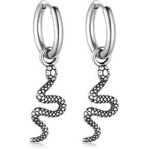 Bandmax Snake Animal Earrings for Women, Silver/Black Serpent Huggie Hoop Earrings Hypoallergenic Gothic Punk Earrings for Men Women