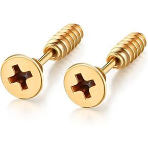 Stainless Steel Womens Mens Screw Stud Earrings Pierced Tunnel 3 Pairs 3 Colors (3 Pairs:Black+Silver+Gold)
