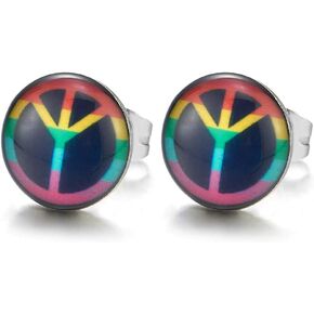 Colorful Anti-war Peace Sign Dome Stud Earrings for Man and Women, Stainless Steel, 2pcs
