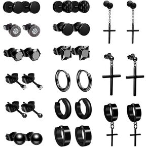 Cupimatch 15 Pairs Black Stainless Steel CZ Stud Tunnel Earrings Set for Men Women Jewelry Ear Piercing Huggie Hinged Hoop Cross Earrings